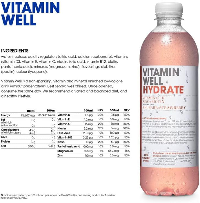 Vitamin Well Hydrate 12x500ml Rhubarb & Strawberry