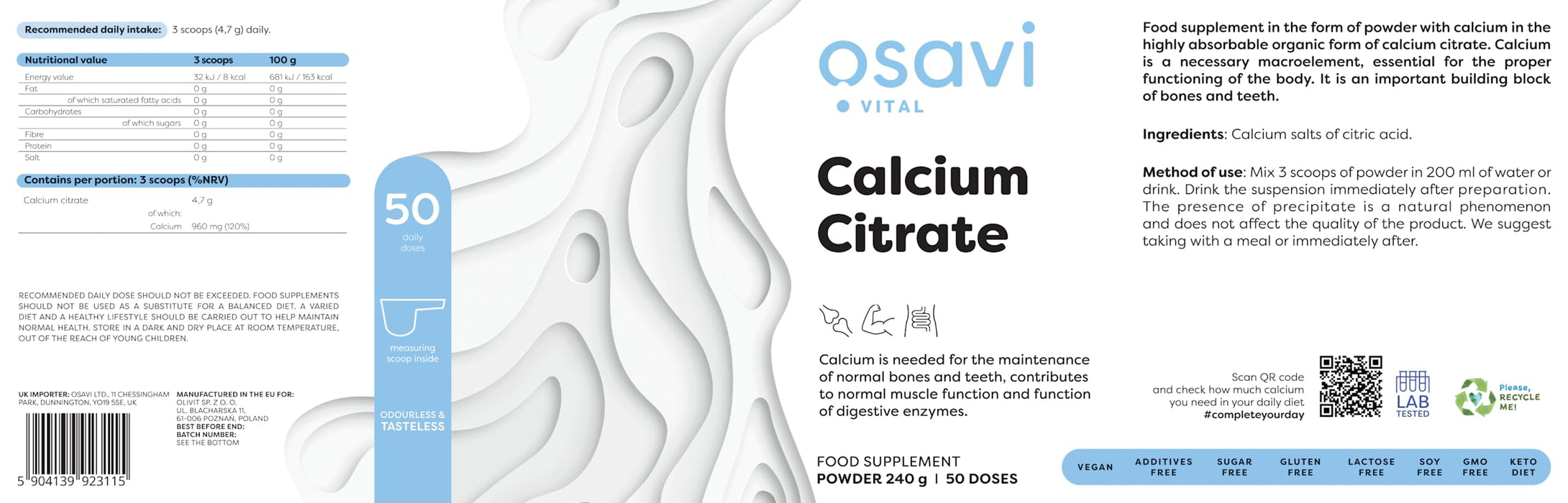 Osavi Calcium Citrate Powder 240g at the cheapest price at MYSUPPLEMENTSHOP.co.uk