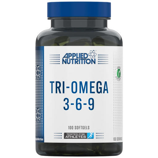 Close-up of Applied Nutrition Tri-Omega 3-6-9) held up inside My Supplement Shop, clearly showing the front label in a Sports Nutrition setting.