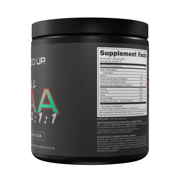 Black tub of Bucked Up Original BCAA 2:1:1 with amino acids for muscle growth