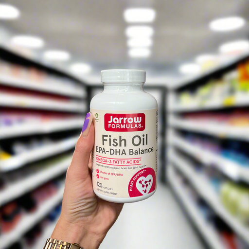 Close-up of (Jarrow Formulas Omega-3 EPA-DHA Balance 600mg) held up inside My Supplement Shop, clearly showing the front label in a Sports Nutrition setting.