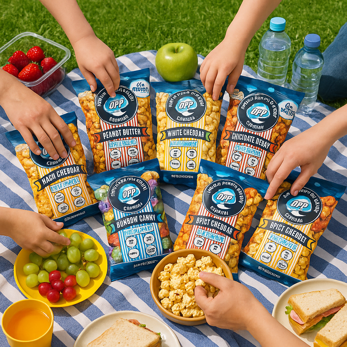 Square image of a family picnic in a sunny park, with a picnic blanket on grass displaying several Omaha Protein Popcorn bags, some open with popcorn in bowls. Picnic foods and drinks surround the bags, and children’s and adults’ hands reach for snacks in a bright, happy outdoor setting
