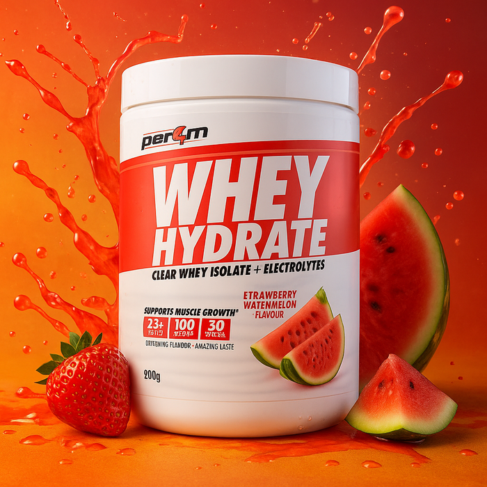 Stay refreshed with Per4m Whey Hydrate Strawberry Watermelon! Packed with 23g protein, key electrolytes, and only 100 kcal per serving, this clear whey isolate delivers juicy hydration and rapid muscle recovery with every sip. Perfect for active lifestyles.