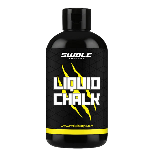 Black bottle of SWOLE Lifestyle Liquid Chalk with yellow accents on a white background