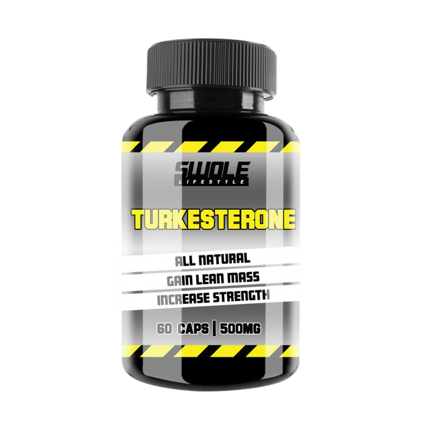 Supplement bottle labeled 'Turkesterone' with black and yellow design on a white background