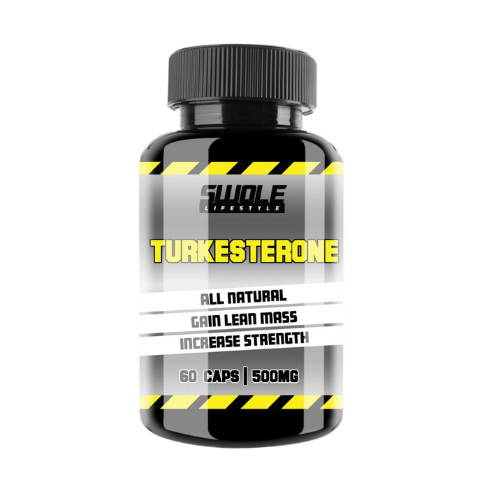 Supplement bottle labeled 'Turkesterone' with black and yellow design on a white background