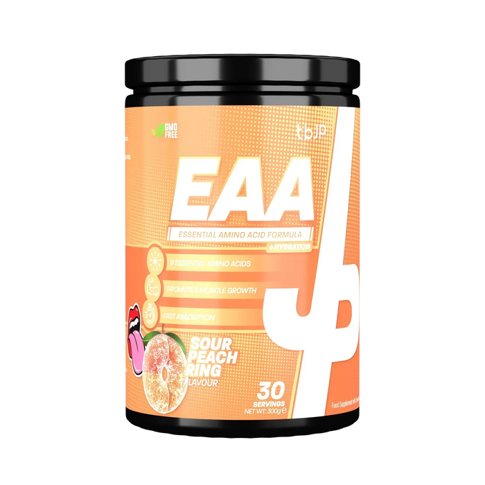 Orange-flavored Trained By JP EAA supplement tub for boost protein and essential nutrients
