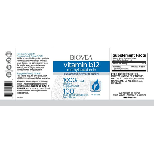 Biovea Vitamin B12 (Methylcobalamin) 1000mcg 100 Fast Dissolve Tablets - Brain & Memory at MySupplementShop by Biovea