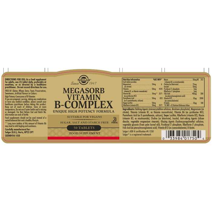 Solgar Megasorb Vitamin B-Complex High Potency Tablets Pack of 50 at MySupplementShop.co.uk