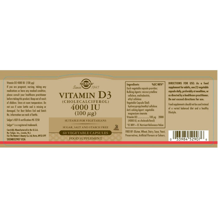 Solgar Vitamin D3 (Cholecalciferol) 4000 IU (100 Âµg) Vegetable Capsules Pack of 60 at MySupplementShop.co.uk