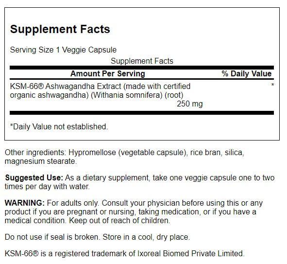 Swanson Ultimate Ashwagandha KSM-66 250 mg 60 Vegetarian Capsules | Premium Supplements at MYSUPPLEMENTSHOP