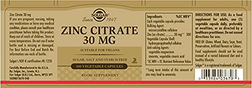 Solgar Zinc Citrate 30 mg Vegetable Capsules 100Tabs | High-Quality Health Foods | MySupplementShop.co.uk