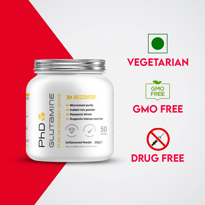 PhD L-Glutamine, Powder - 250 grams | High-Quality L-Glutamine, Glutamine | MySupplementShop.co.uk