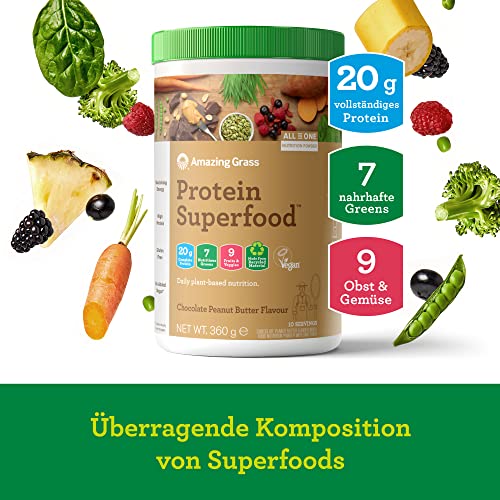 Amazing Grass Protein Superfood Organic Vegan Protein Powder with Fruit and Vegetables Chocolate Peanut Butter Flavour 10 servings 360 g | High-Quality Vegan Proteins | MySupplementShop.co.uk