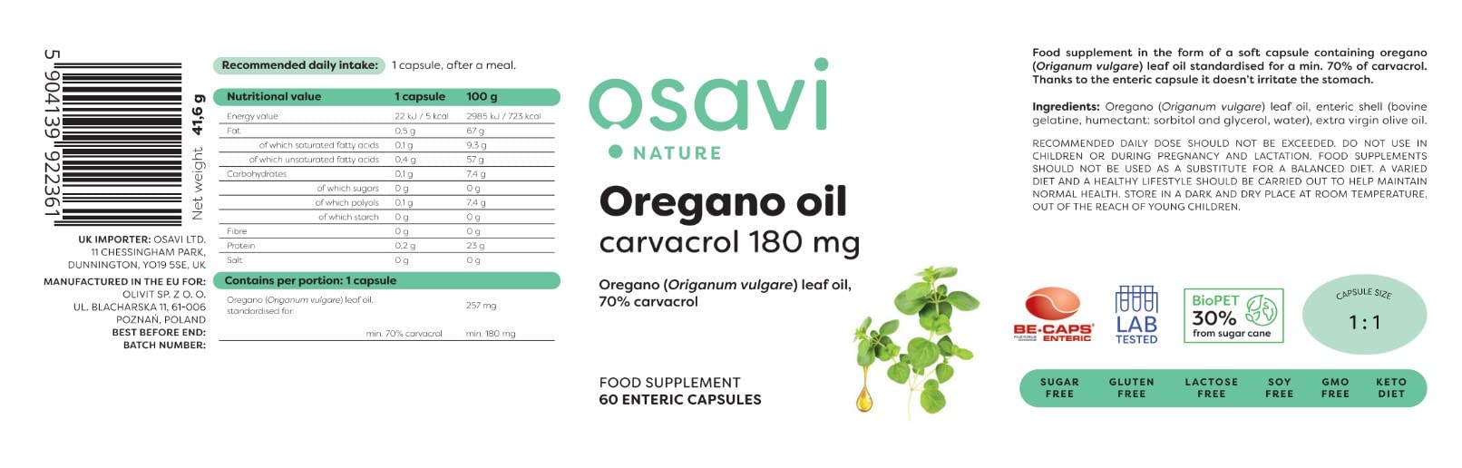 Osavi Oregano Oil Carvacrol, 180mg - 60 enteric caps | High-Quality Oregano | MySupplementShop.co.uk