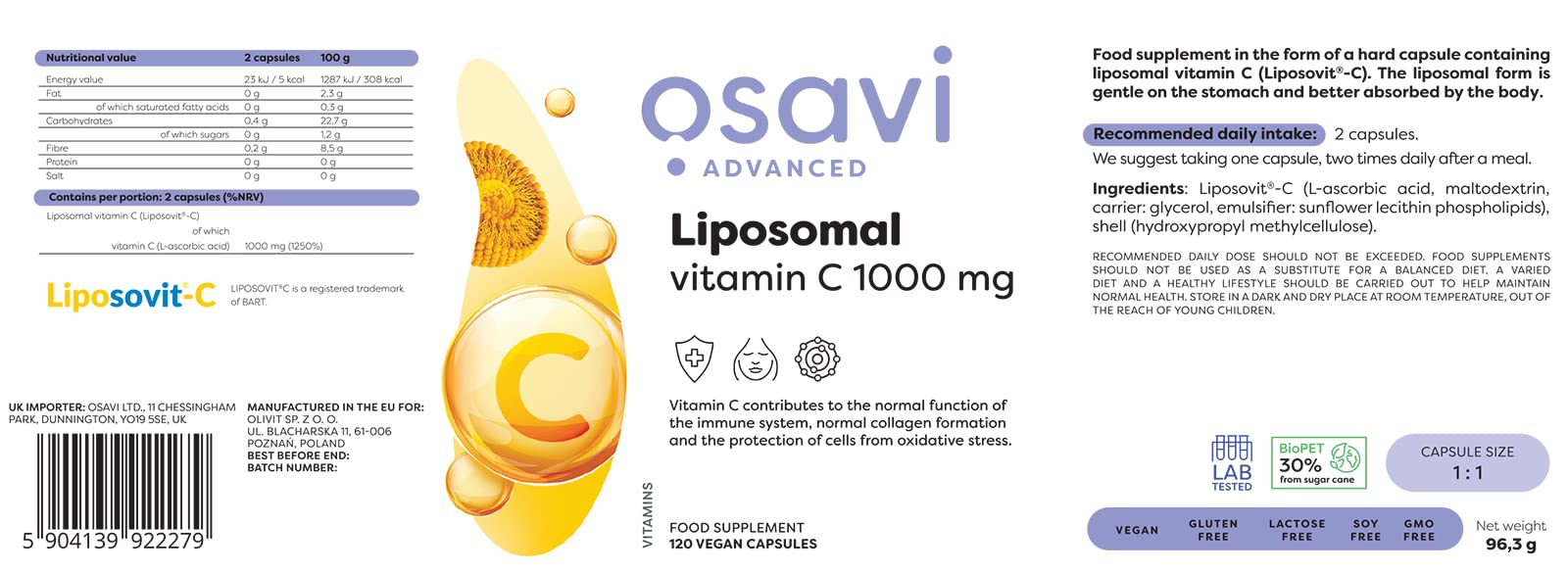 Osavi Liposomal Vitamin C, 1000mg - 120 vcaps - Vitamin C at MySupplementShop by Osavi