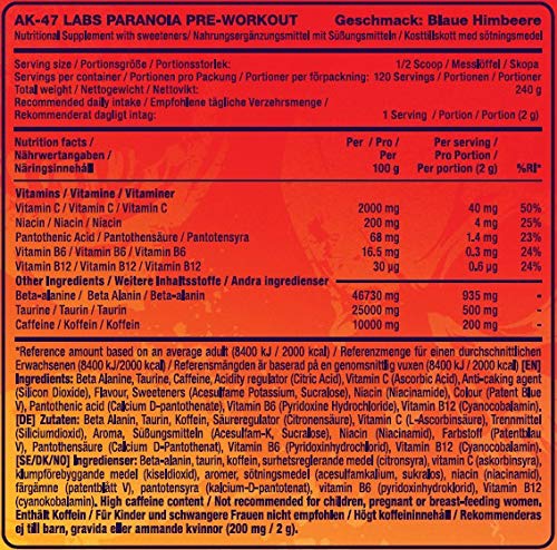 AK-47 Labs Paranoia Pre - Workout Energy Drink Powder with Beta Alanine Caffeine Niacin Taurine Vitamin C and Vitamin B Complex 240g / 30 Servings Fruit Punch | High-Quality Sports Nutrition | MySupplementShop.co.uk