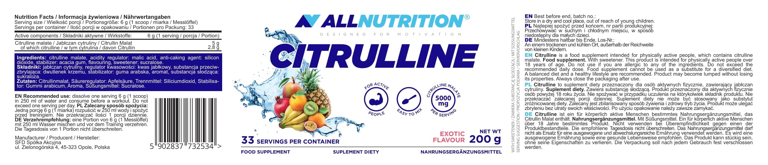 Allnutrition Citrulline, Exotic - 200g | High-Quality Combination Multivitamins & Minerals | MySupplementShop.co.uk