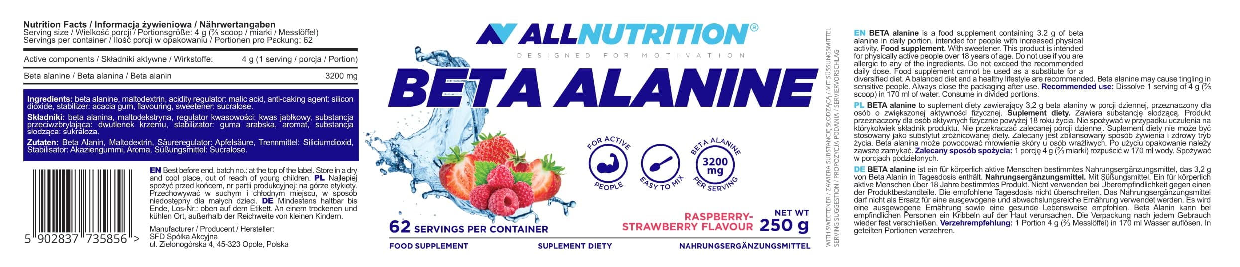 Allnutrition Beta Alanine, Raspberry Strawberry - 250g - Beta-Alanine at MySupplementShop by Allnutrition